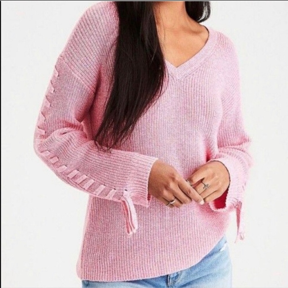 American Eagle pink v neck knit sweater